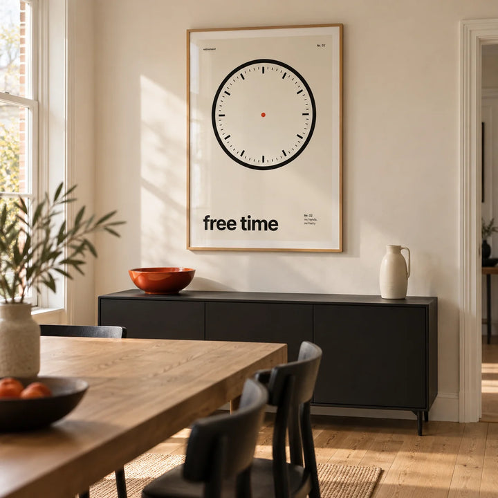 Clock Print, framed on the wall of a modern dining room in a UK terraced house with an ivory wall and pale oak floorboards