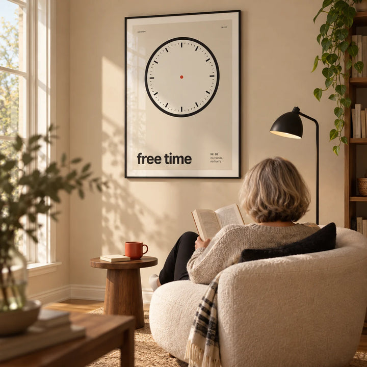 Clock Print, framed on the wall of a quiet reading corner in the home of a recently retired adult (60-75) in a living room
