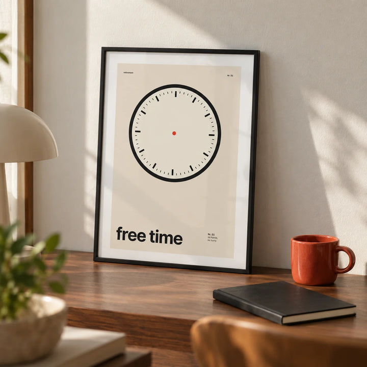 Clock Print, a small A4 framed print leaning on a walnut desk