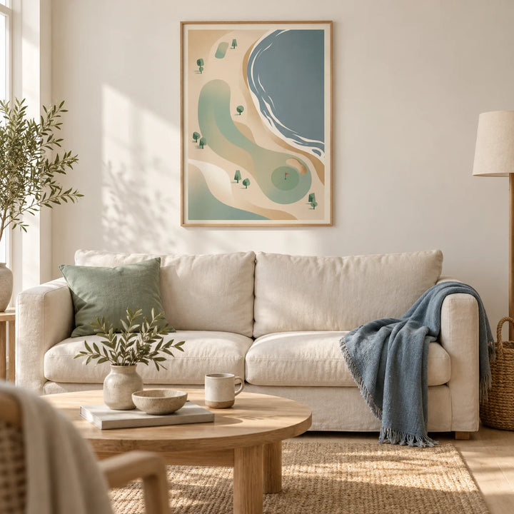 Coastal Golf Course Art Print, framed on the wall of a relaxed coastal living room in a UK first flat with warm white walls and pale oak flooring