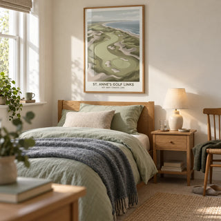 Coastal Golf Landscape, framed on the wall of a calm single bedroom for a young adult golf enthusiast (18-25) in a UK family home with warm white walls