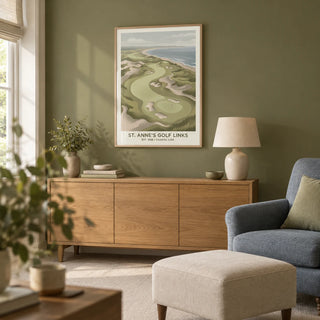Coastal Golf Landscape, framed on the wall of a compact golf enthusiast's snug in a British home with a muted olive green wall and cream carpet in a living room