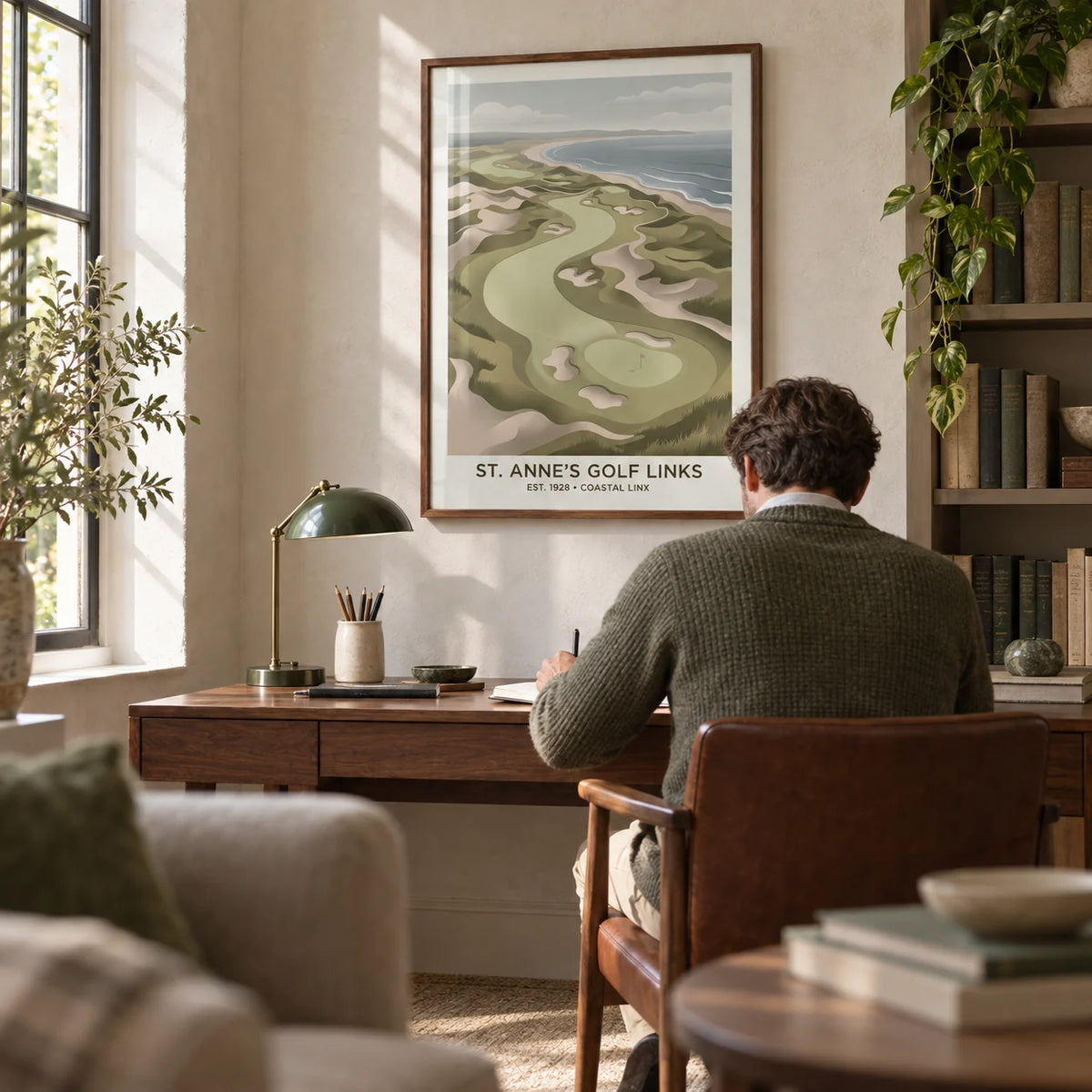 Coastal Golf Landscape, framed on the wall of a quiet golf enthusiast's home study with a pale stone wall and a low bookcase of clothbound books