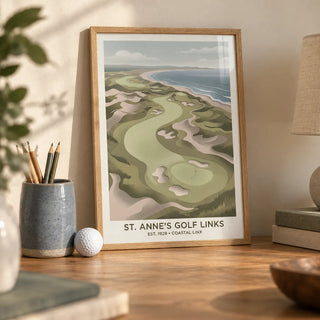 Coastal Golf Landscape, a small A4 framed print leaning on an oak desk
