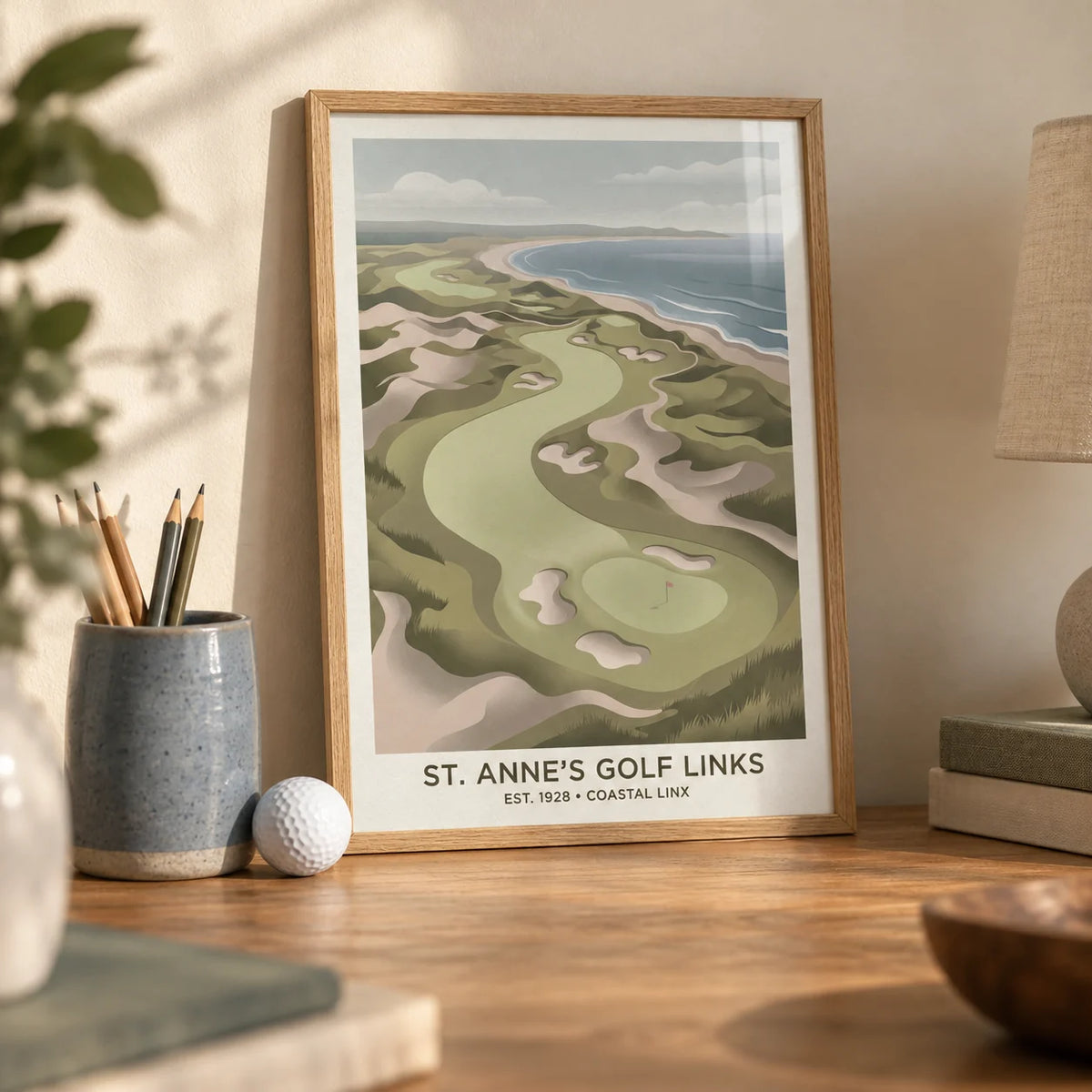 Coastal Golf Landscape, a small A4 framed print leaning on an oak desk