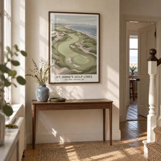 Coastal Golf Landscape, framed on the wall of a welcoming hallway in a coastal British terraced house with ivory plaster walls and honey-toned wooden floorboards
