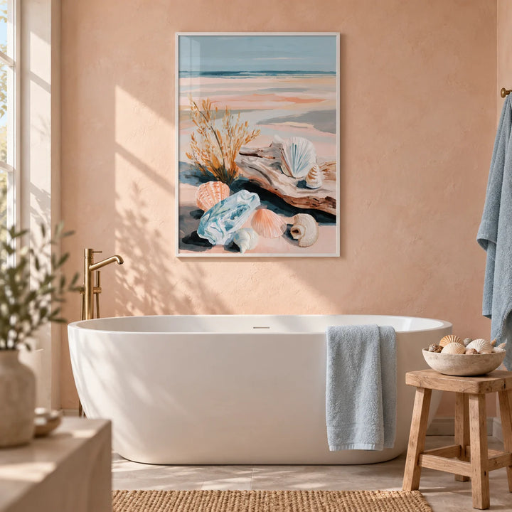 Coastal Shell Art, framed on the wall of a calm bathroom with a soft peach plaster wall