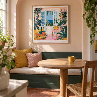 Coastal Wall Art, framed on the wall of a compact breakfast nook in a UK maisonette with a shallow arched recess in a kitchen