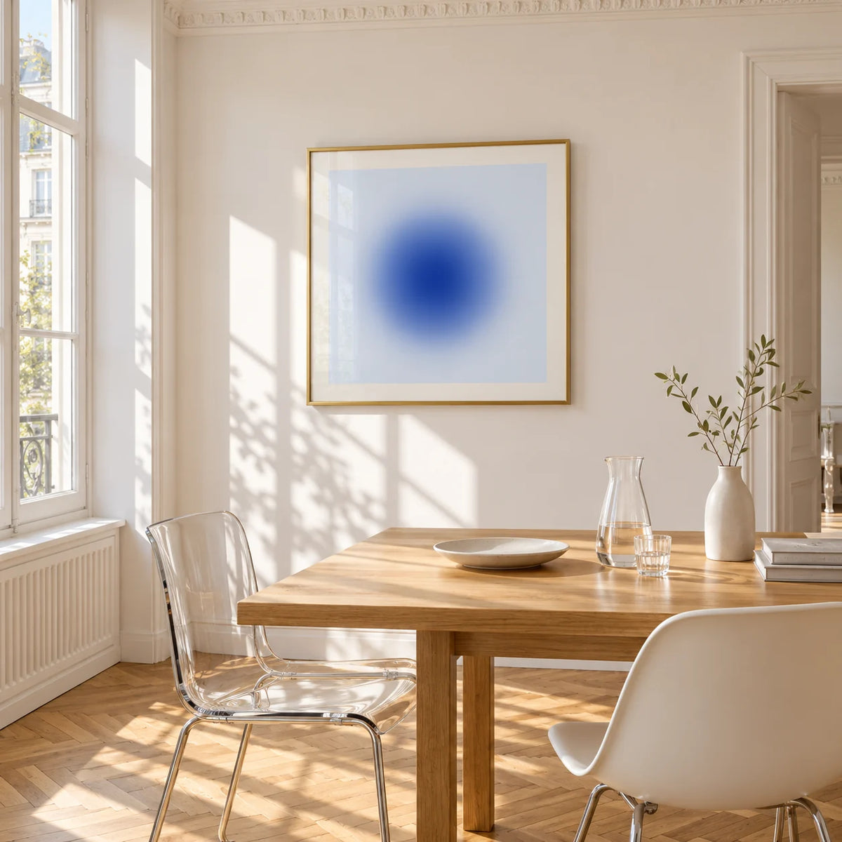 Cobalt Blue Wall Art, framed on the wall of a bright dining corner