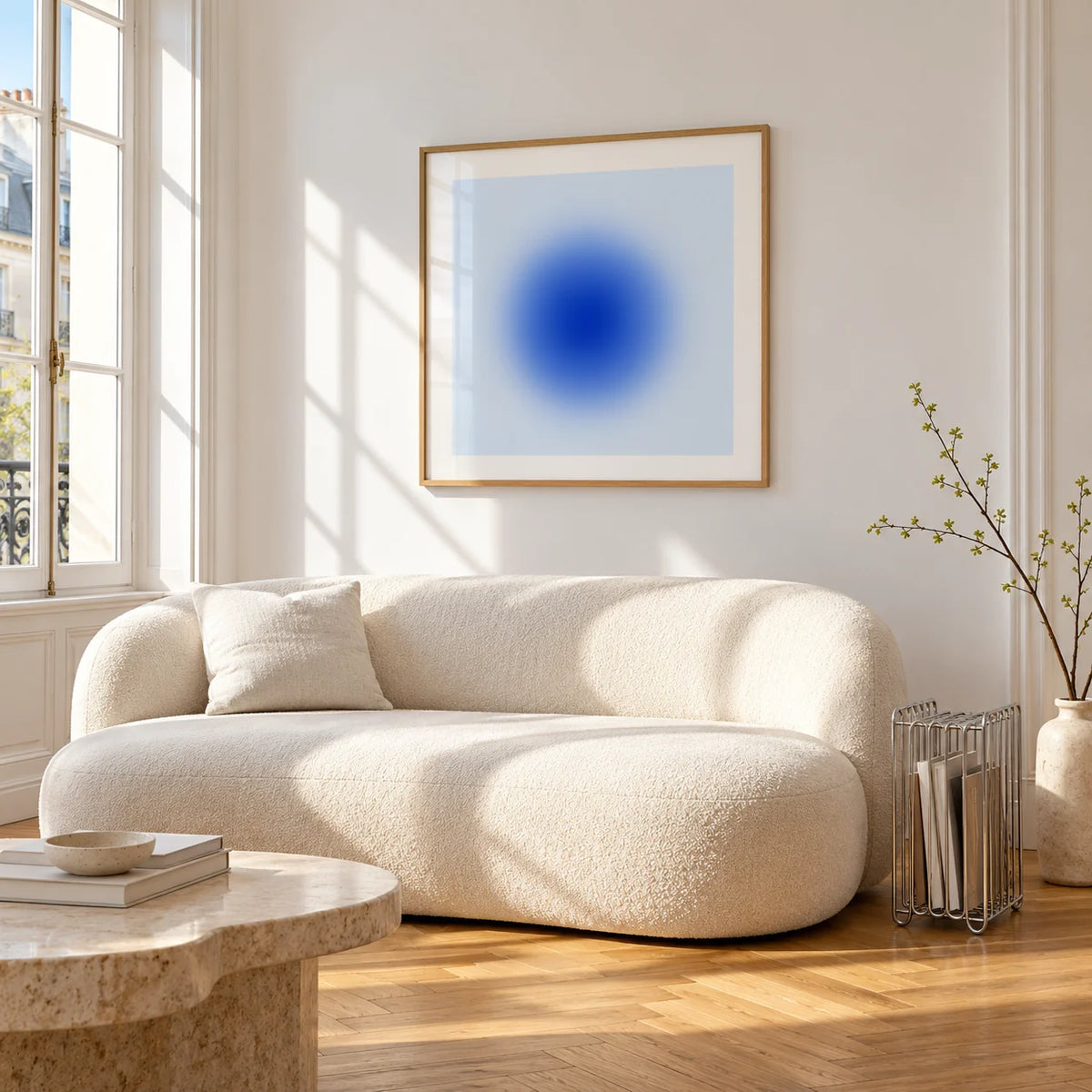 Cobalt Blue Wall Art, framed on the wall of a bright living room corner