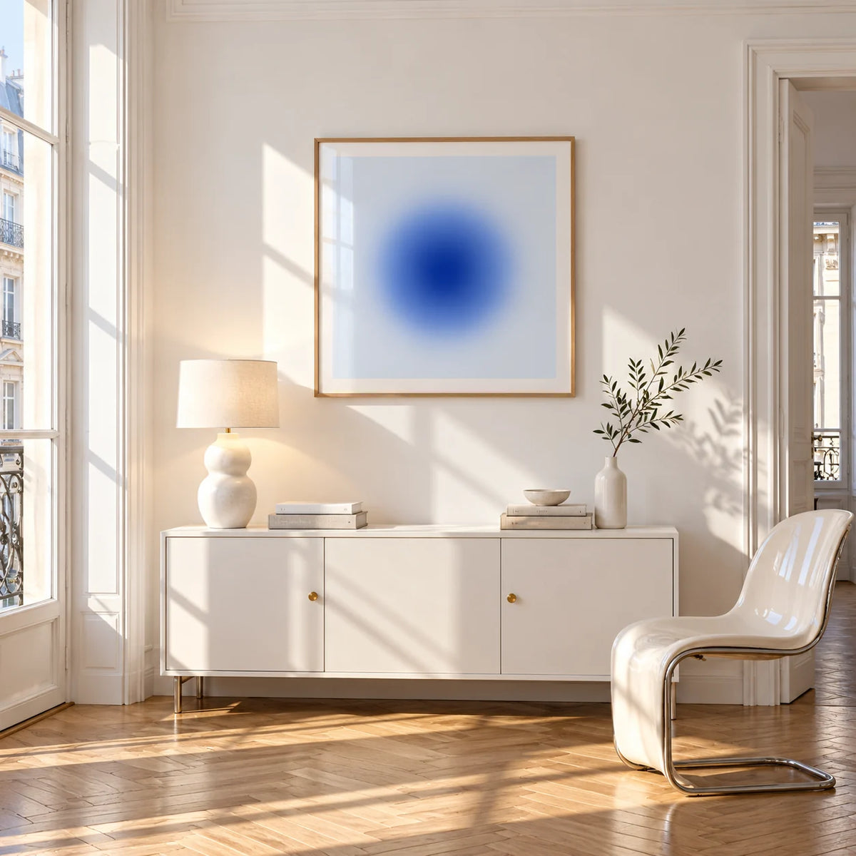 Cobalt Blue Wall Art, framed on the wall of a bright Paris style apartment in a living room