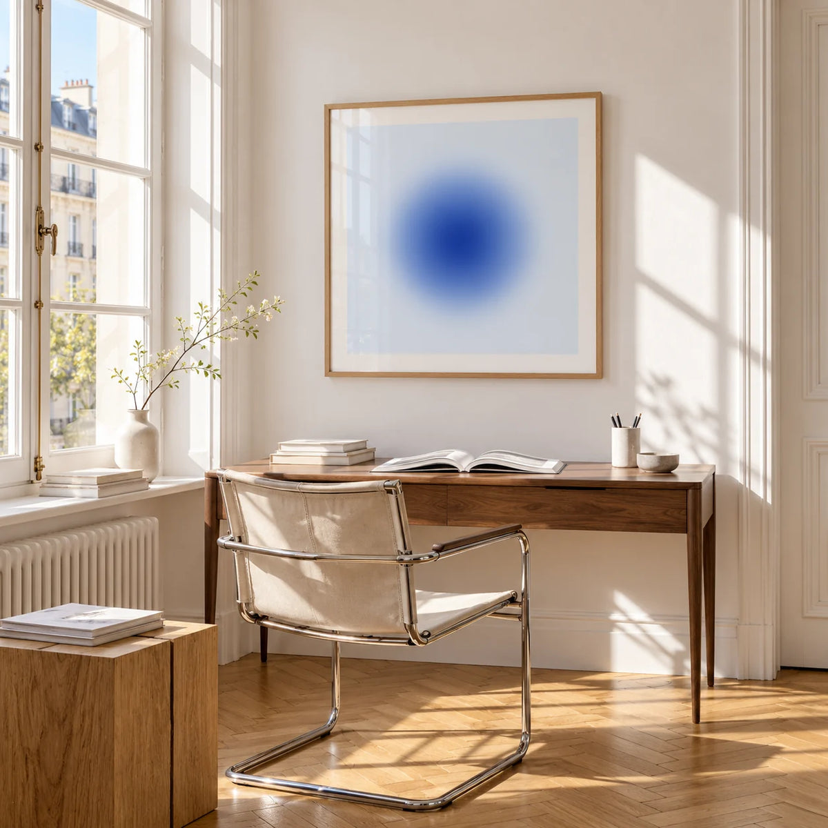 Cobalt Blue Wall Art, framed on the wall of a bright study corner with a tall white paned window