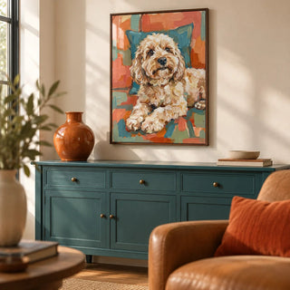 Cockapoo Print, framed on the wall of a cosy snug in a living room