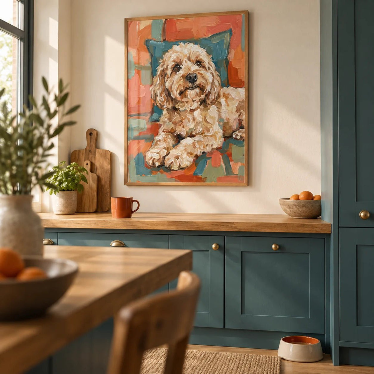 Cockapoo Print, framed on the wall of a family kitchen with teal painted cabinets