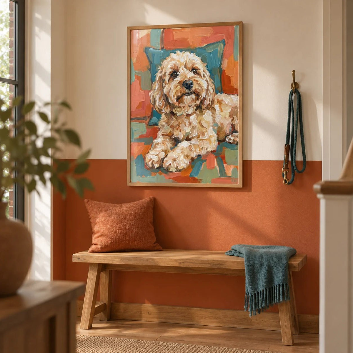 Cockapoo Print, framed on the wall of a hallway with a burnt orange painted lower wall and warm white above