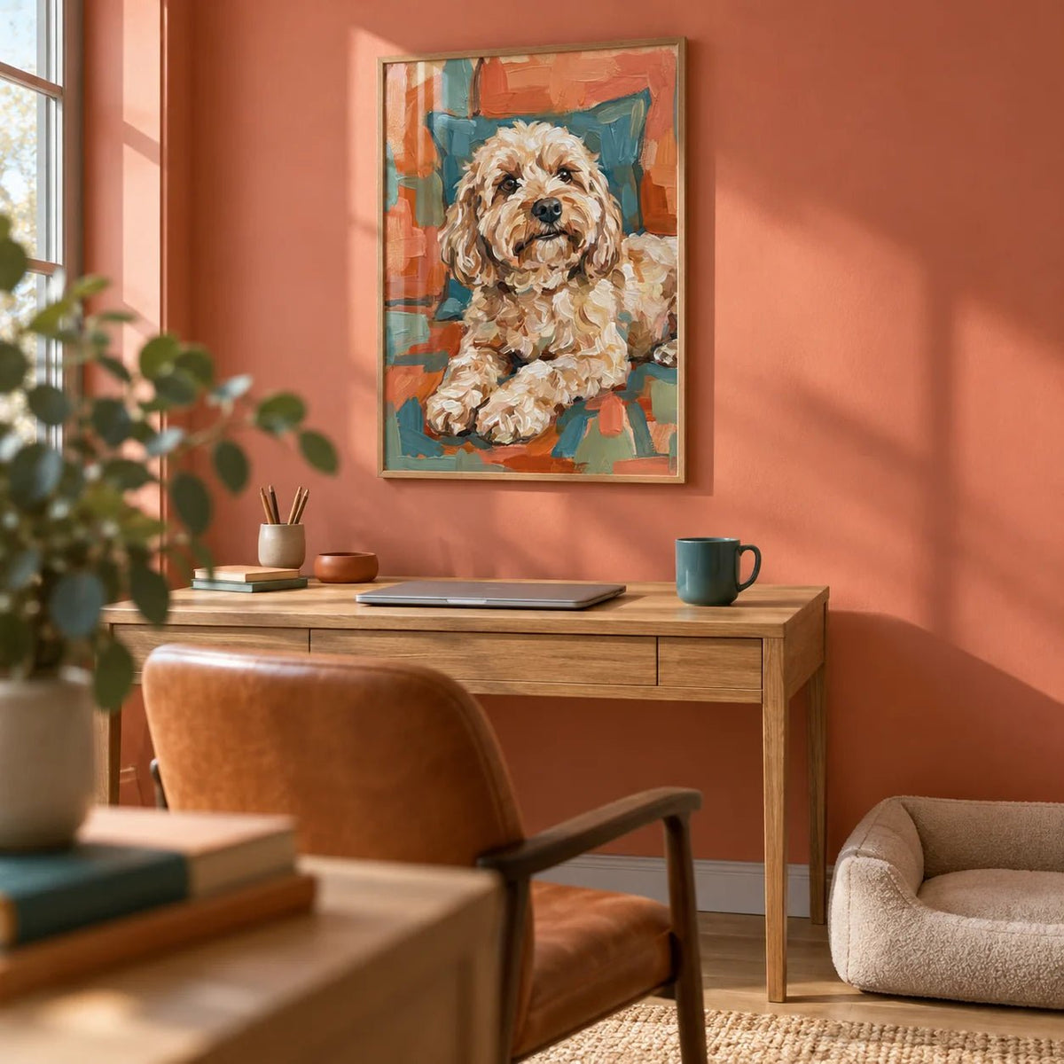 Cockapoo Print, framed on the wall of a home office with a soft coral painted wall