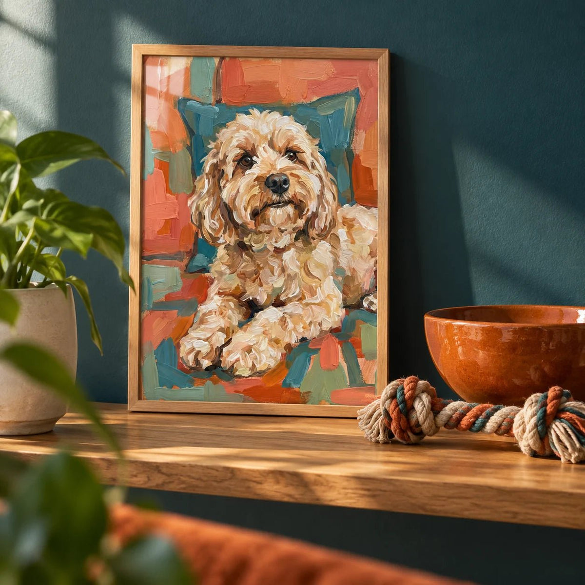 Cockapoo Print, a small A4 framed print leaning on an oak shelf in a living room