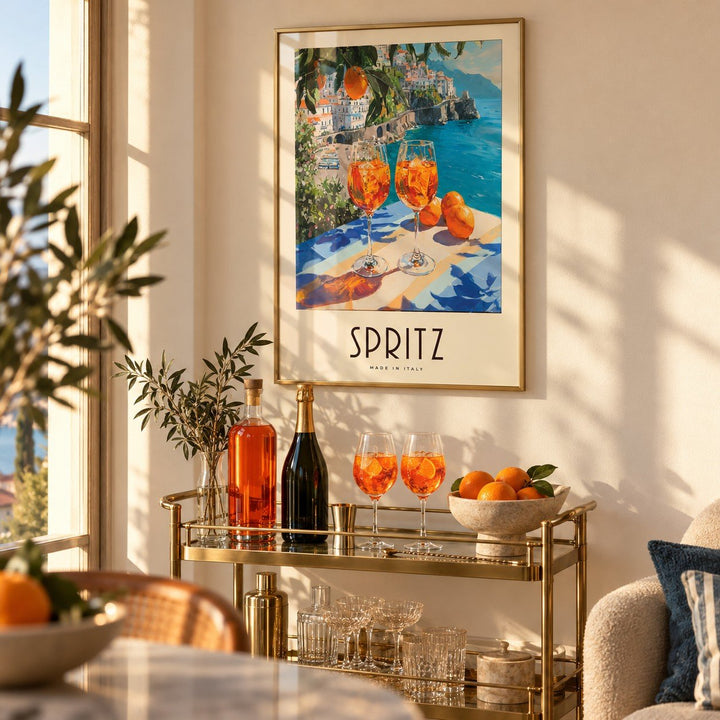 Cocktail Art Decor, framed on the wall of a home bar corner