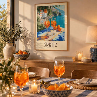 Cocktail Art Decor, framed on the wall of a dining room ready for friends
