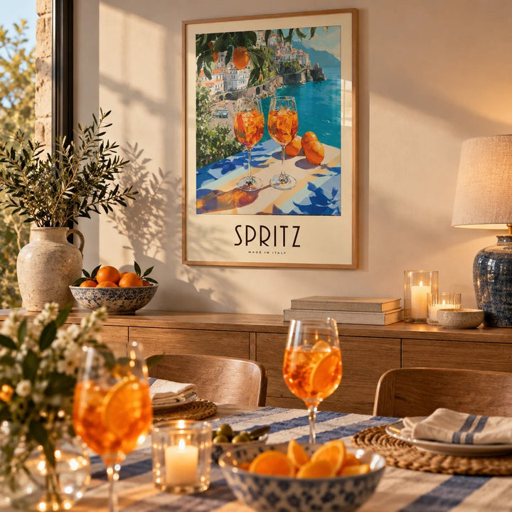 Cocktail Art Decor, framed on the wall of a dining room ready for friends