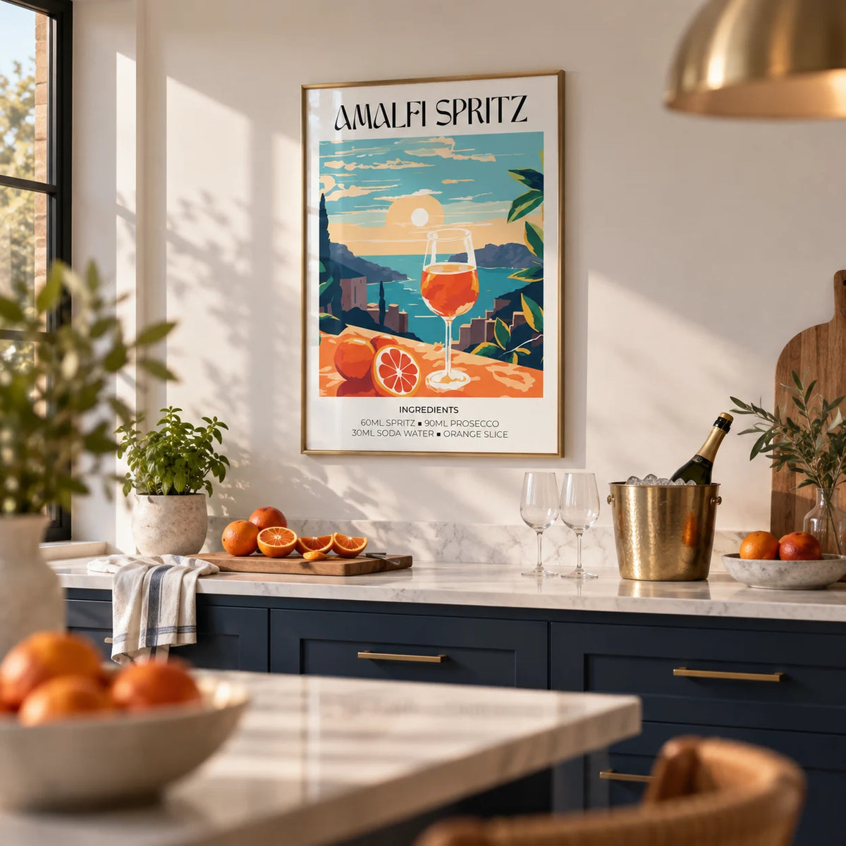 Cocktail Art Poster, framed on the wall of a modern kitchen with a white wall and a navy island