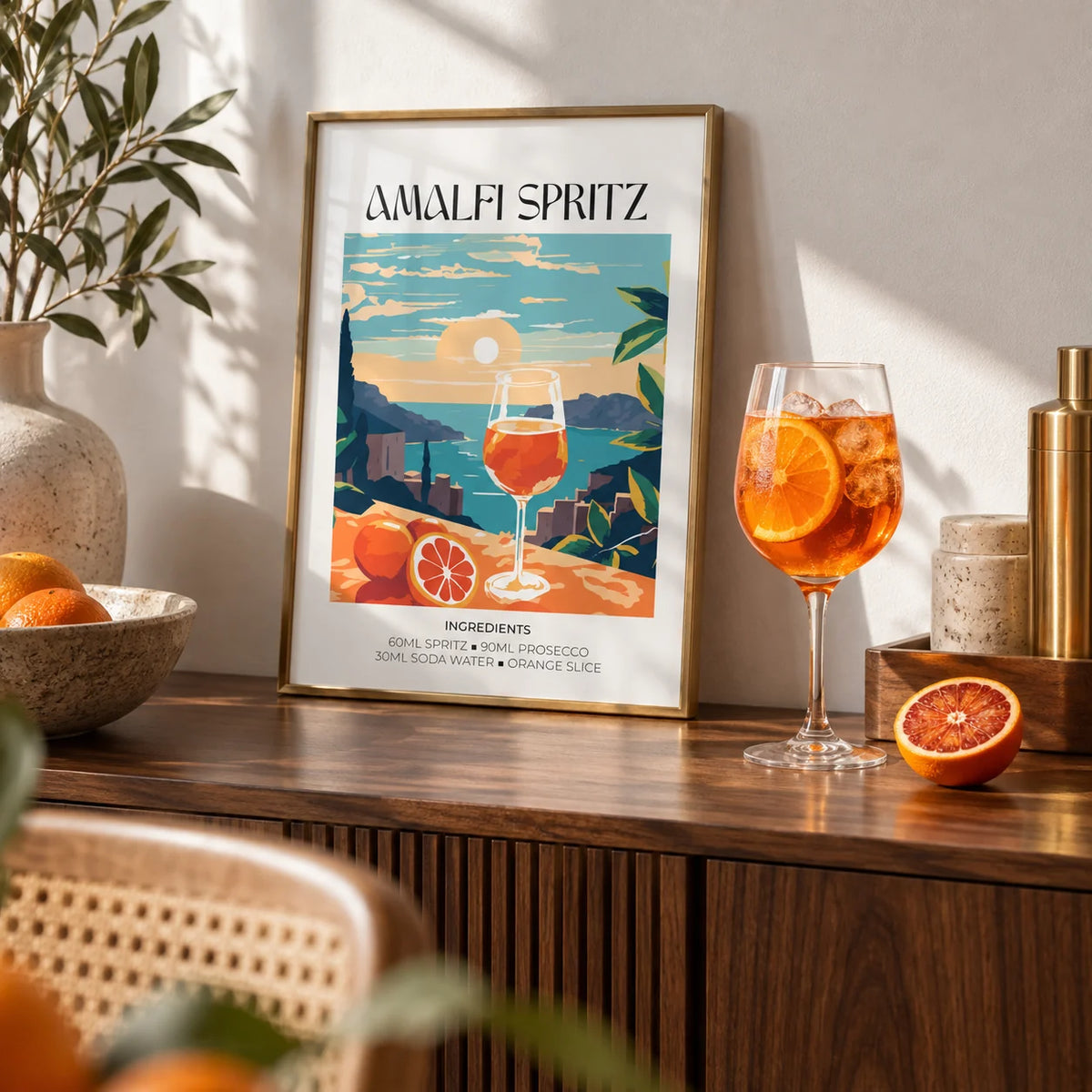 Cocktail Art Poster, a small A4 framed print leaning on a shelf in a living room