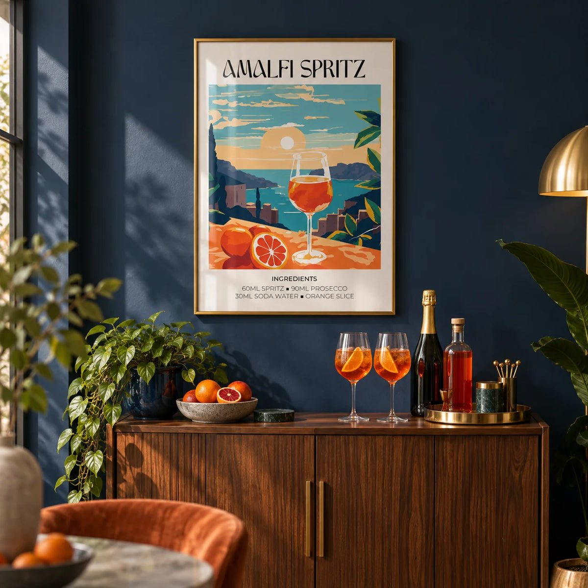 Cocktail Art Poster, framed on the wall of a stylish home bar corner with a deep navy painted wall in a living room