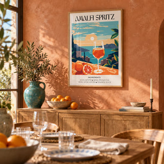 Cocktail Art Poster, framed on the wall of a warm Mediterranean dining room with a terracotta limewashed wall