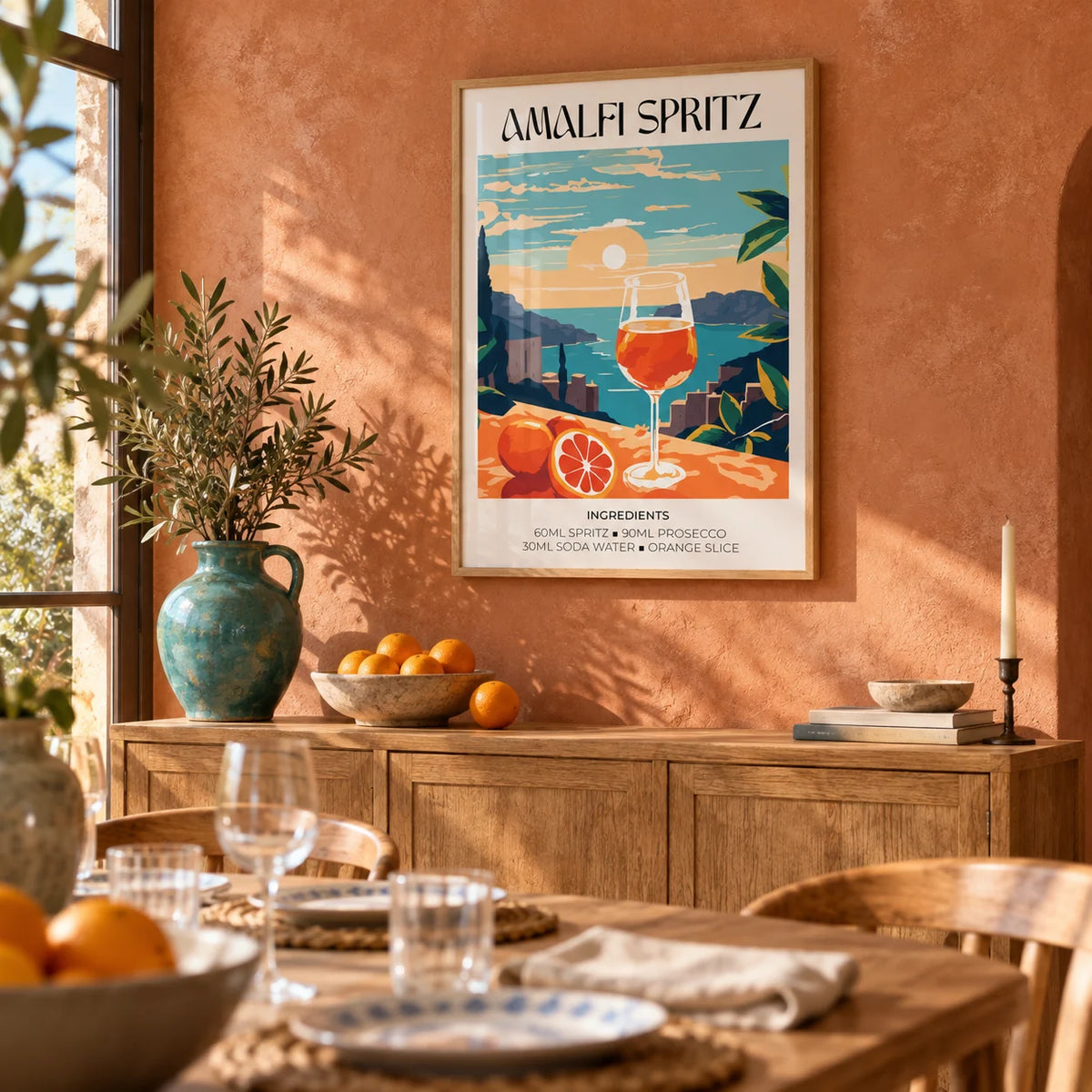 Cocktail Art Poster, framed on the wall of a warm Mediterranean dining room with a terracotta limewashed wall