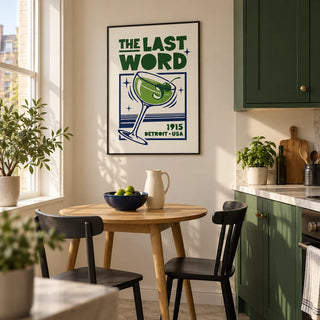 Cocktail Art Print, framed on the wall of a bright modern kitchen in a UK first flat for a couple aged 25-35