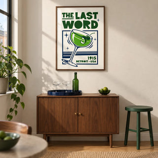 Cocktail Art Print, framed on the wall of a compact home bar in a modern UK city flat with an ivory wall and oak floor in a living room