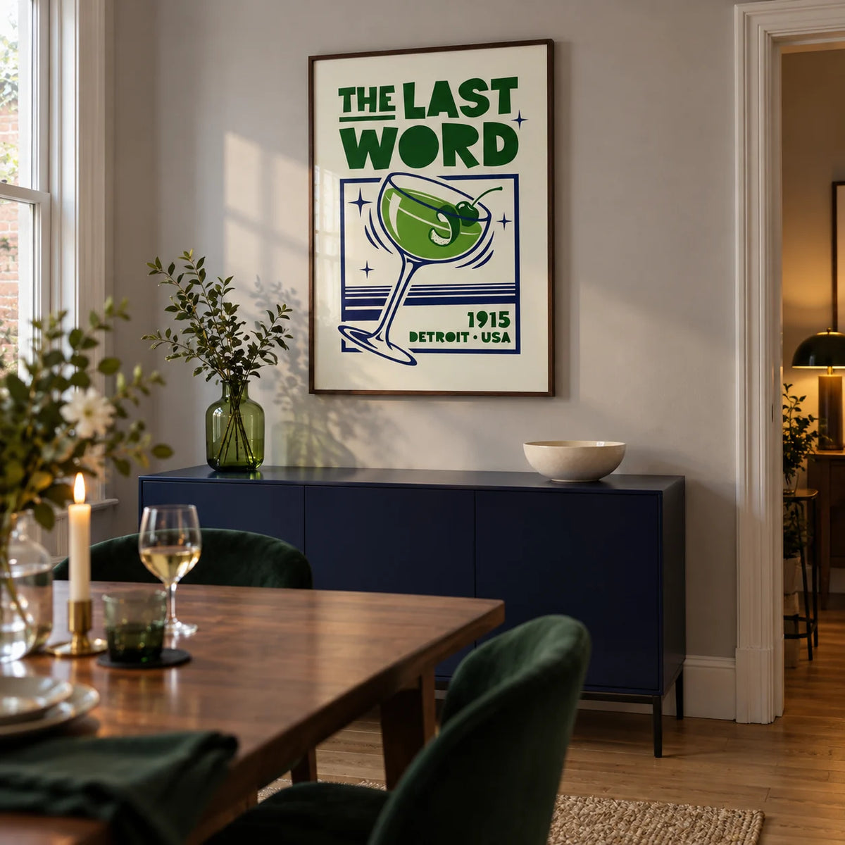 Cocktail Art Print, framed on the wall of a contemporary dining room in a UK terraced house with a pale grey wall and a walnut dining table
