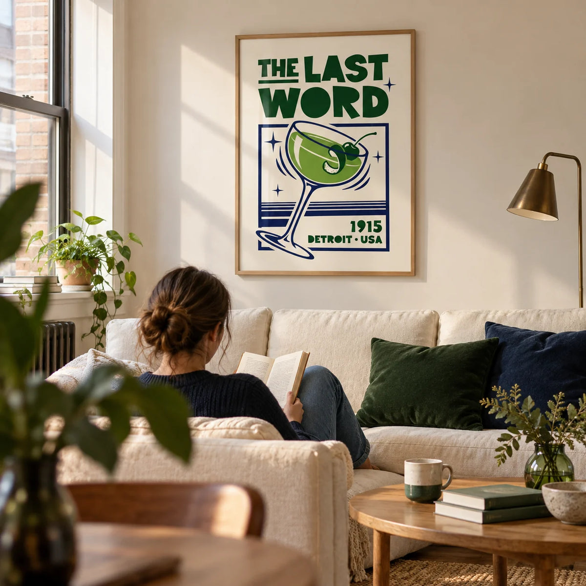 Cocktail Art Print, framed on the wall of a modern living room in a UK city flat with warm white walls