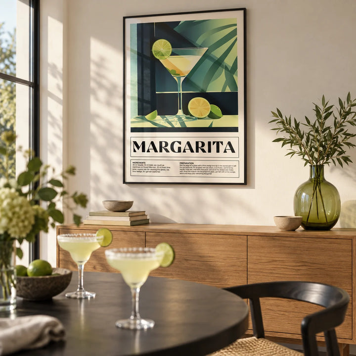 Cocktail Glass Art, framed on the wall of a modern dining room