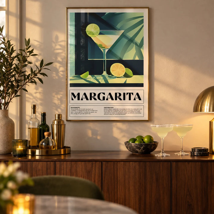 Cocktail Glass Art, framed on the wall of a stylish home bar corner in a living room