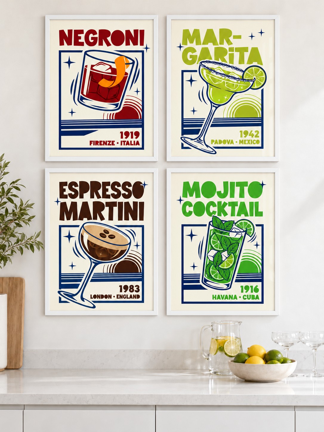 Cocktail Posters Set hung at eye level above a white kitchen worktop: Negroni Cocktail Print, Margarita Art Print and Espresso Martini Print shown framed side by side (frames not included)