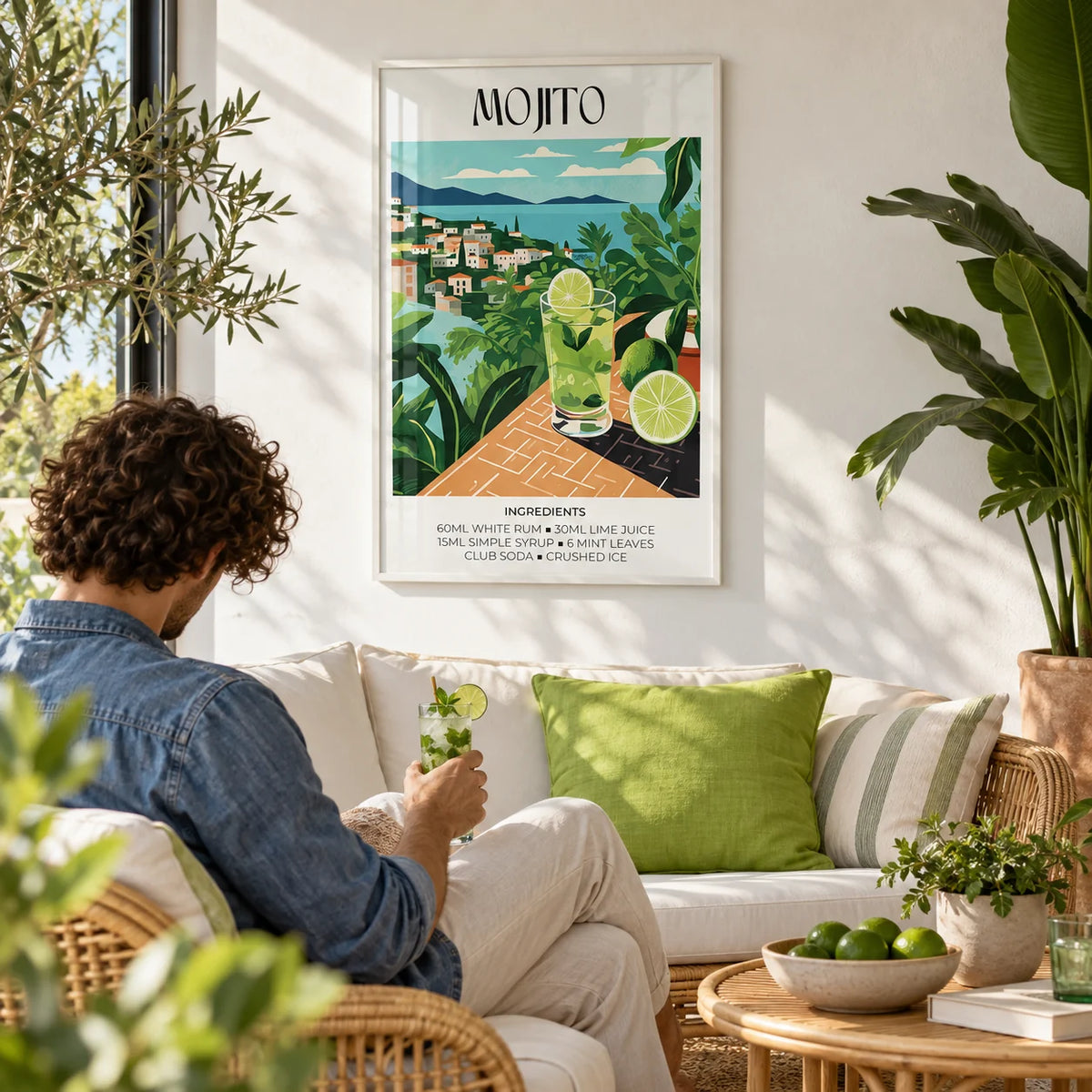 Cocktail Print, framed on the wall of a bright garden room with a white wall and plants in a living room