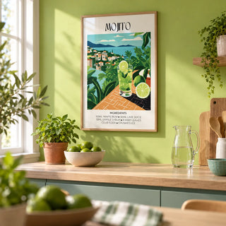 Cocktail Print, framed on the wall of a bright modern kitchen with a lime green painted wall and a pale oak worktop