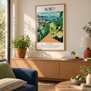 Cocktail Print, framed on the wall of a relaxed living room with a warm white wall