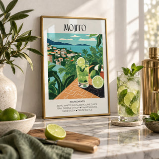 Cocktail Print, a small A4 framed print leaning on a marble-topped bar shelf in a living room