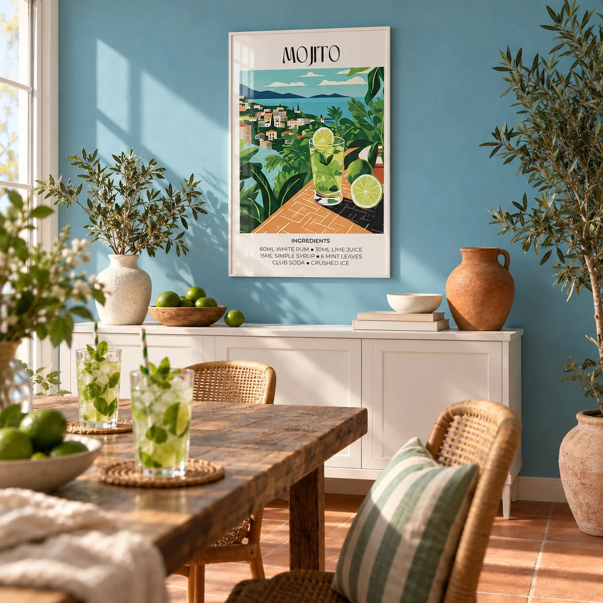 Cocktail Print, framed on the wall of a sunny dining room with a sea blue painted wall and a plain terracotta floor
