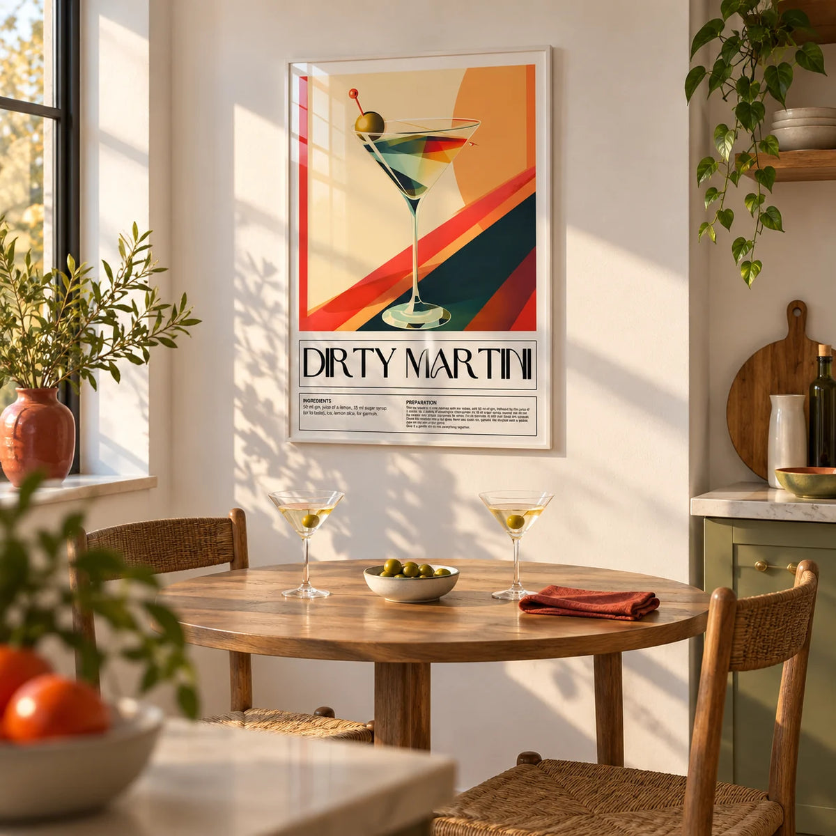Cocktail Prints for Wall, framed on the wall of a bright kitchen-diner