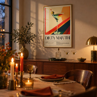 Cocktail Prints for Wall, framed on the wall of an elegant dining room in the evening