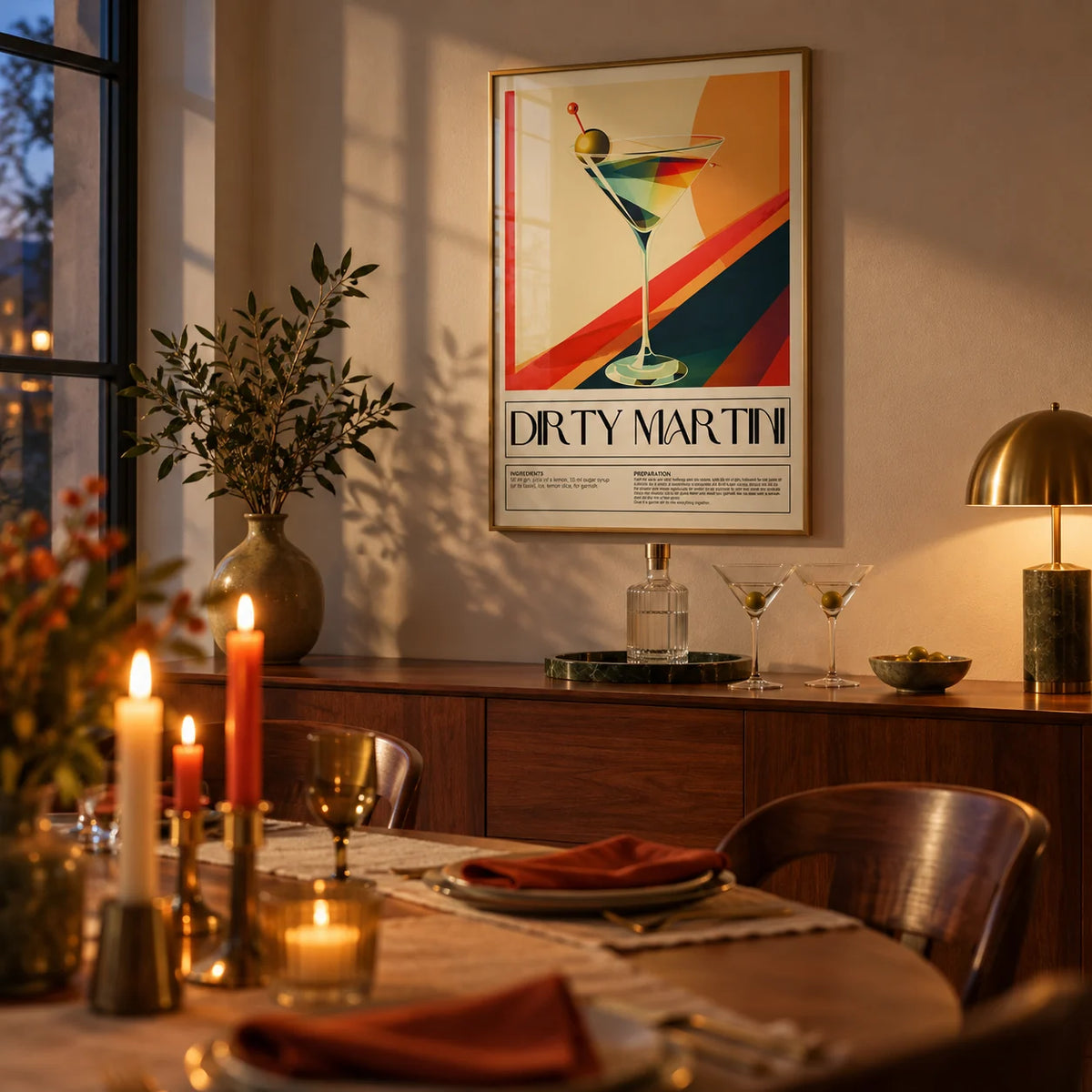 Cocktail Prints for Wall, framed on the wall of an elegant dining room in the evening