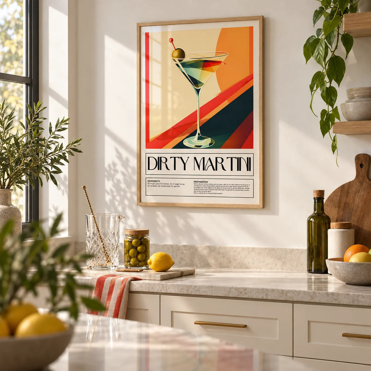 Cocktail Prints for Wall, framed on the wall of a modern kitchen