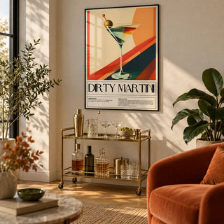 Cocktail Prints for Wall, framed on the wall of a modern living room