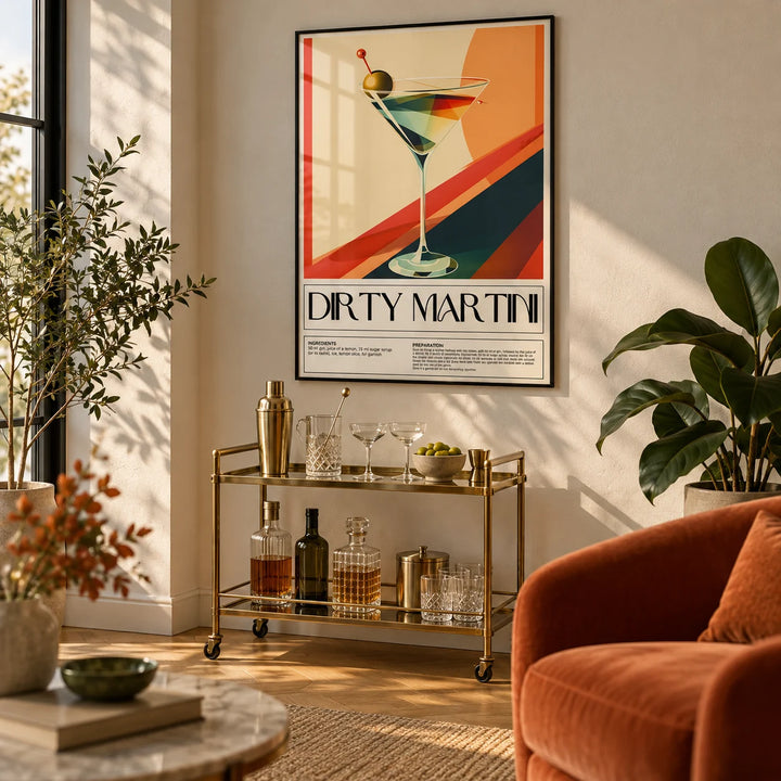 Cocktail Prints for Wall, framed on the wall of a modern living room