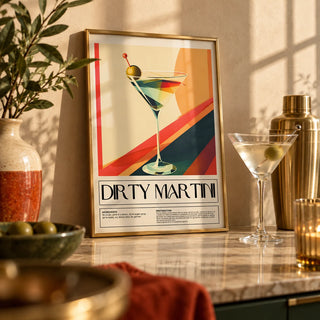Cocktail Prints for Wall, a small A4 framed print leaning on a shelf in a kitchen