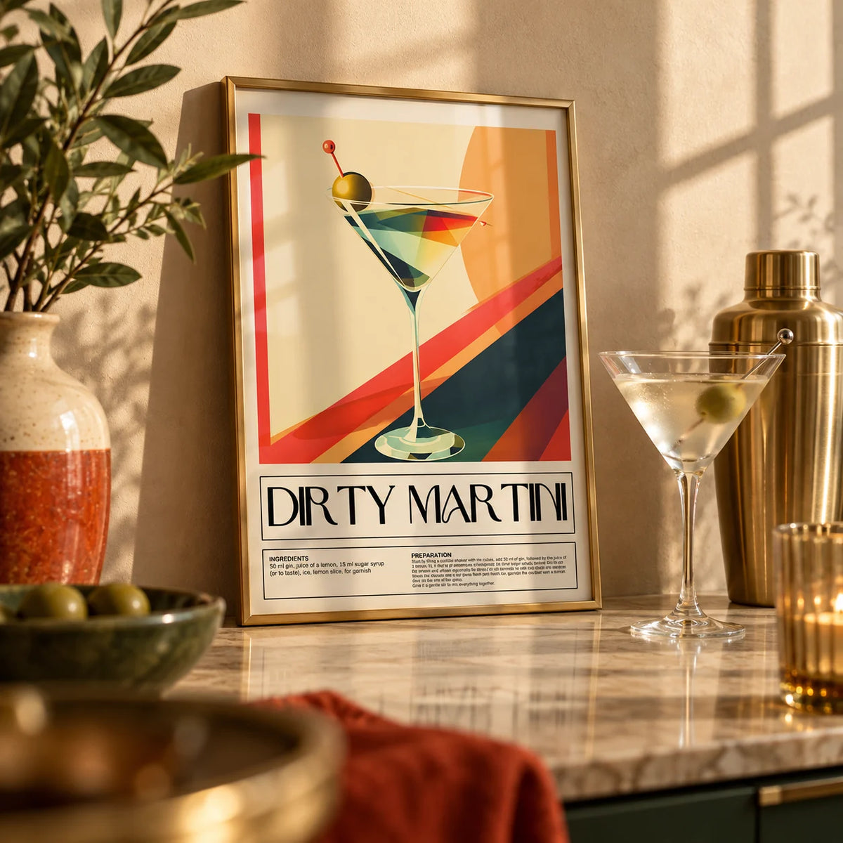 Cocktail Prints for Wall, a small A4 framed print leaning on a shelf in a kitchen