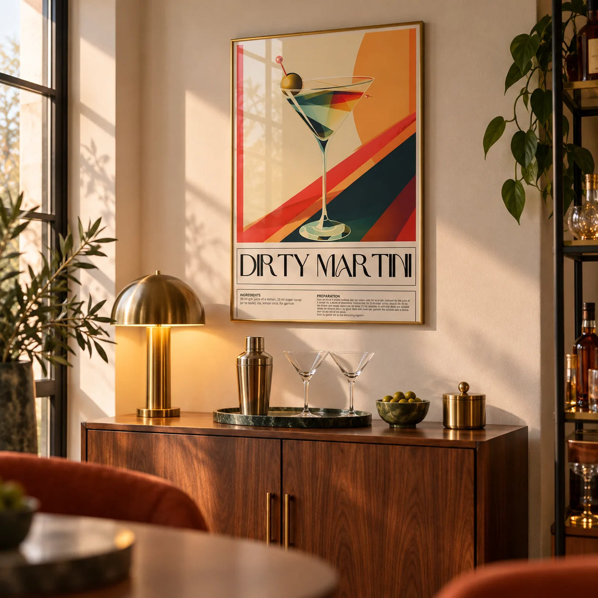 Cocktail Prints for Wall, framed on the wall of a stylish home bar in a living room